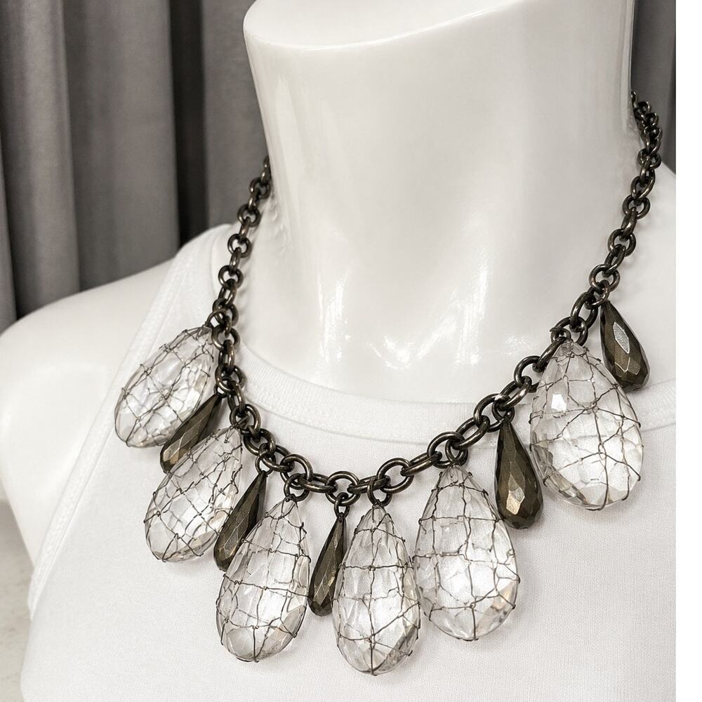 Clear Acrylic Teardrop Statement Necklace Gunmetal Wire Wrapped 18”